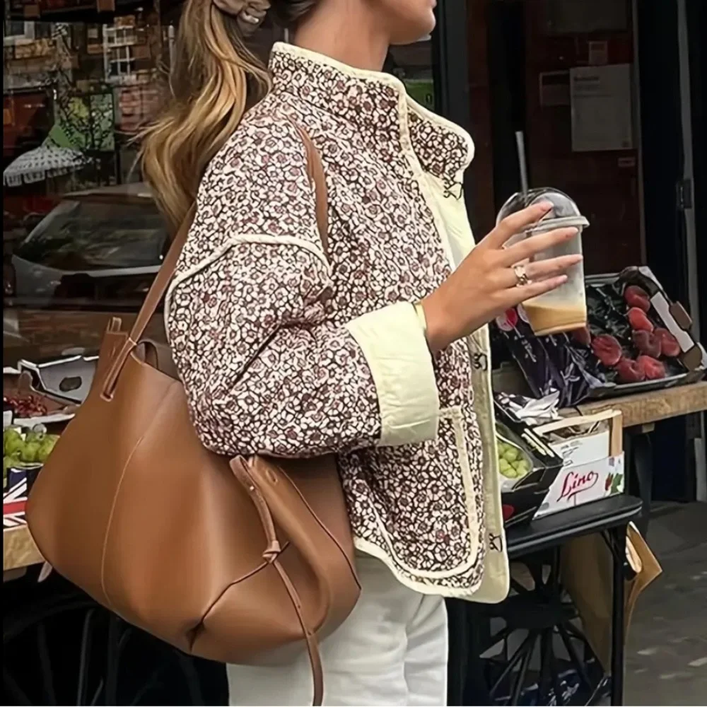 Cream and Brown/Red printed quilted lightweight jacket - Picture 2 of 6